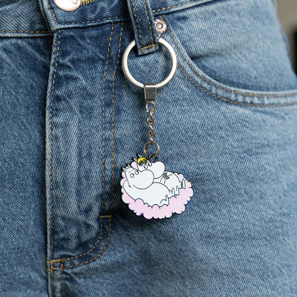 Moomin cloud key ring hanging from a jeans belt loop