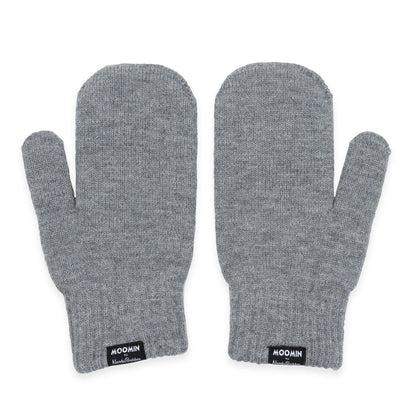 Back of the grey Moomintroll mittens with Moomin labels