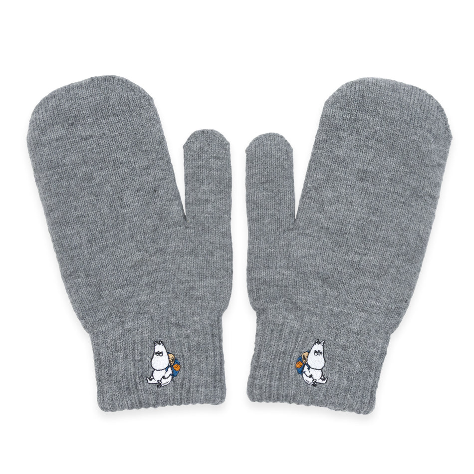 Grey knitted mittens with an embroidered Moomintroll