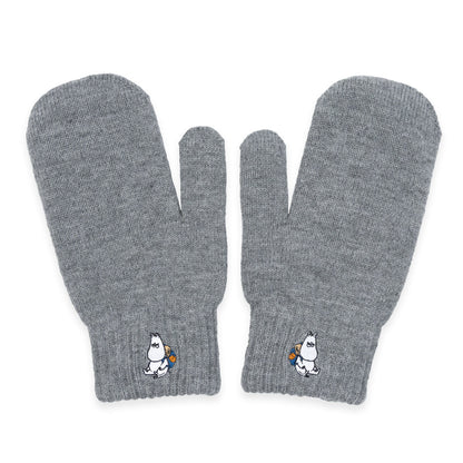 Grey knitted mittens with an embroidered Moomintroll