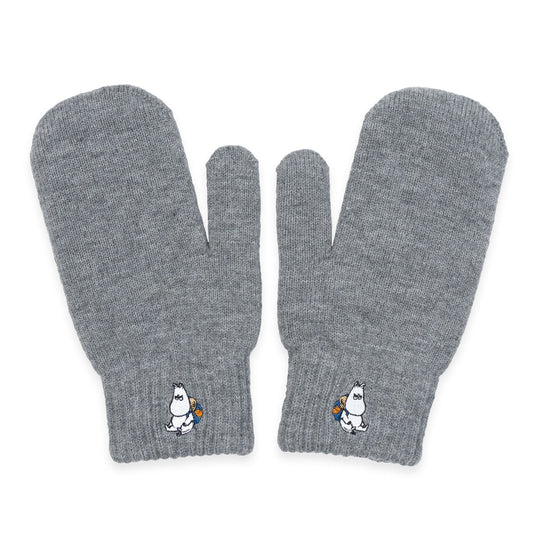 Grey knitted mittens with an embroidered Moomintroll