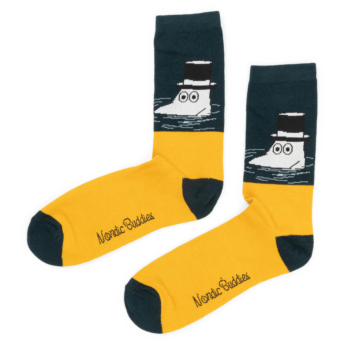 Nordic Buddies men's socks: dark green tops with Moominpappa swimming in a top hat, and yellow feet