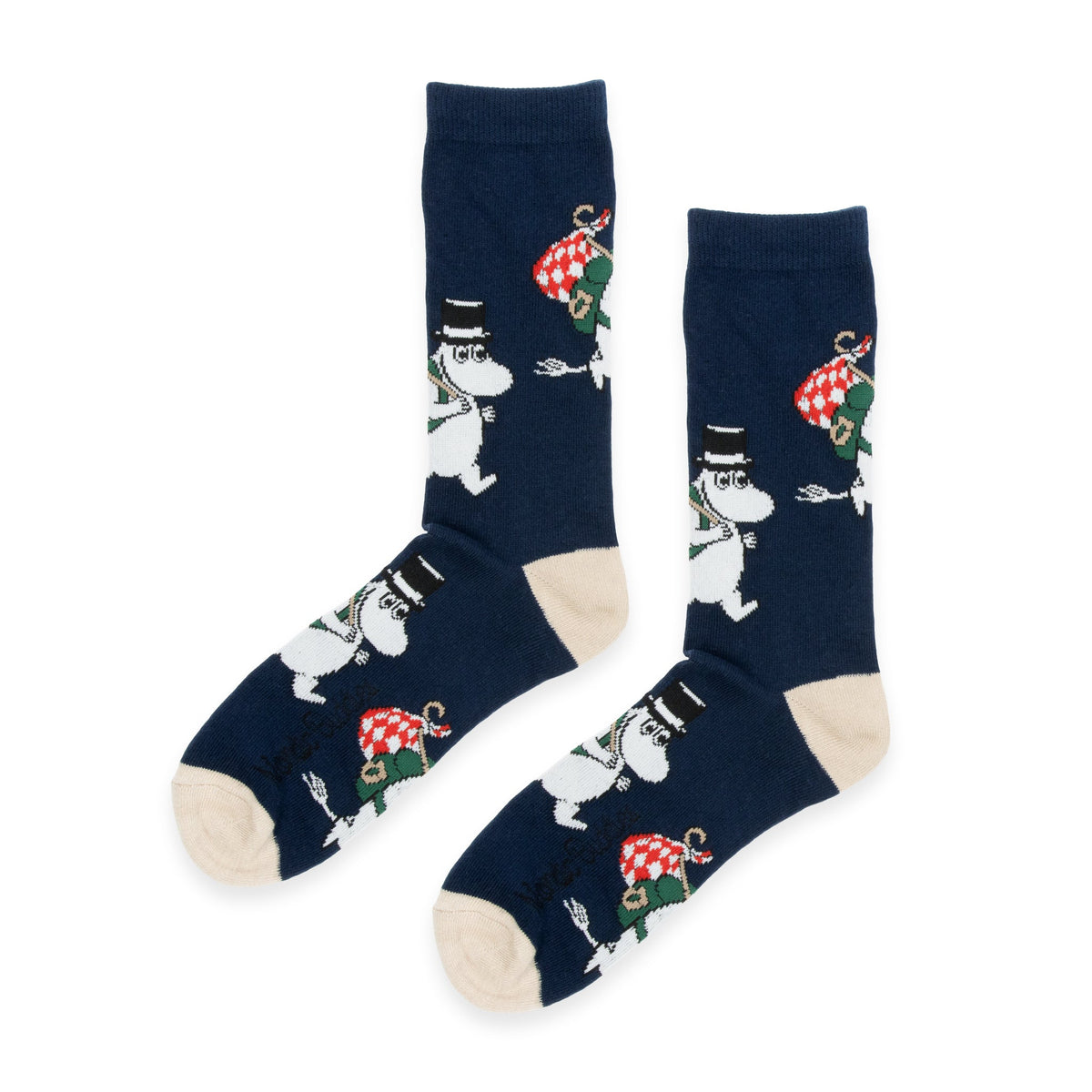 Nordic Buddies navy socks with cream heels and toes, printed with Moominpappa carrying a camping bundle