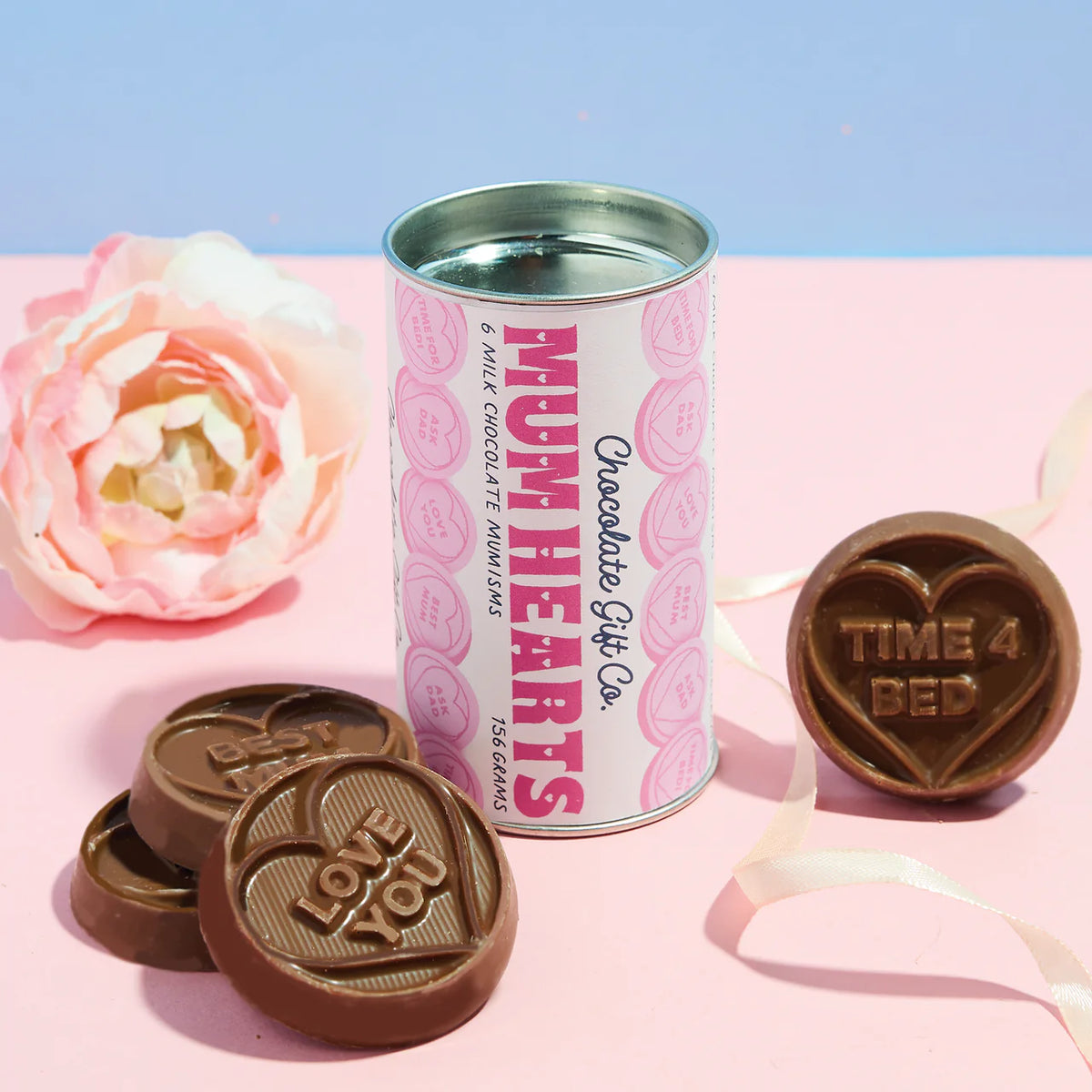 The Chocolate Gift Co Mum Hearts: a tube of milk chocolate hearts with messages like 'Love you'
