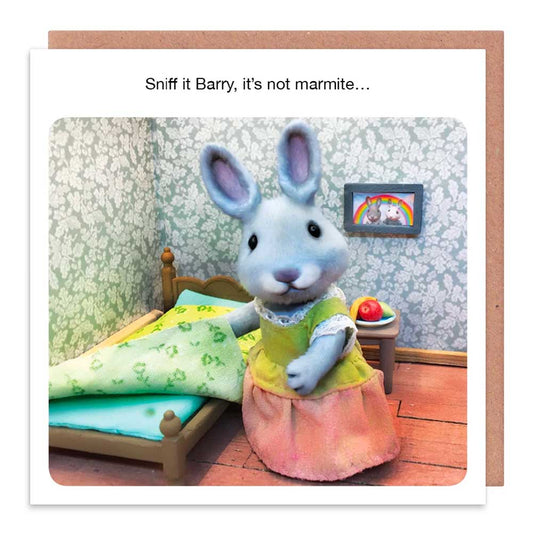 Card of a toy rabbit by a bed: Sniff it Barry, it's not marmite...
