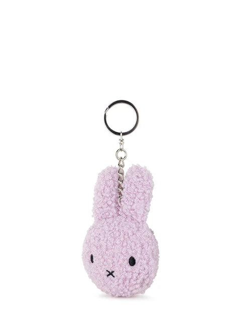Lilac Miffy key ring from the side, showing the fluffy teddy texture and stitched features