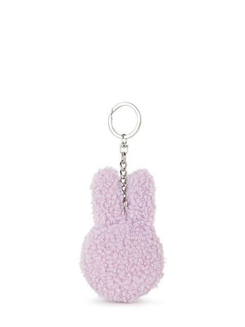 Back of the lilac Miffy key ring: plain fluffy teddy fabric with the silver chain and ring