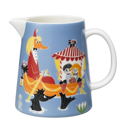 Blue Moomin Friendship pitcher with characters on a boat