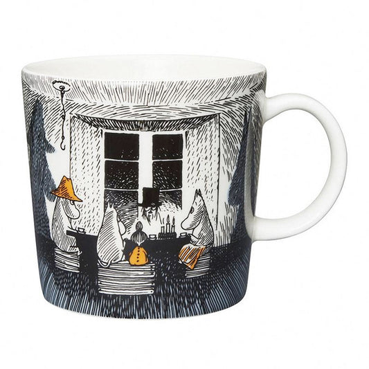 Moomin True to Its Origins mug: the Moomin family at a table in a black and white scene