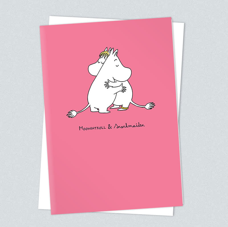 Pink card of Moomintroll and Snorkmaiden hugging
