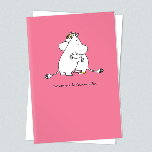 Pink card of Moomintroll and Snorkmaiden hugging