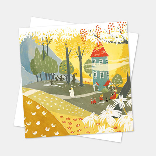 Moomin card of the blue Moominhouse among autumn trees