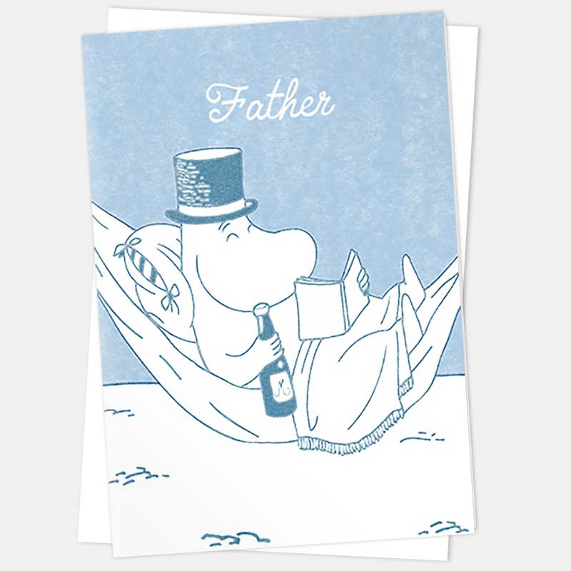 Pale blue Moomin card of Moominpappa reading in a hammock: Father