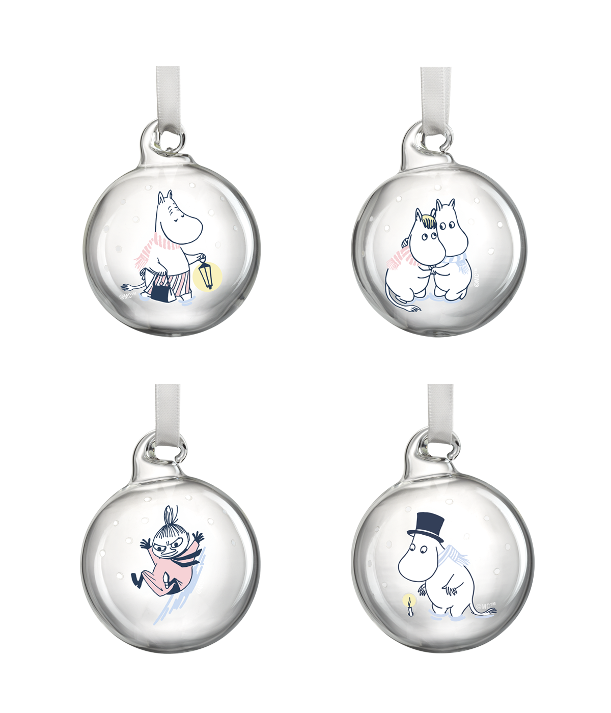 Four clear glass Moomin baubles with winter scenes