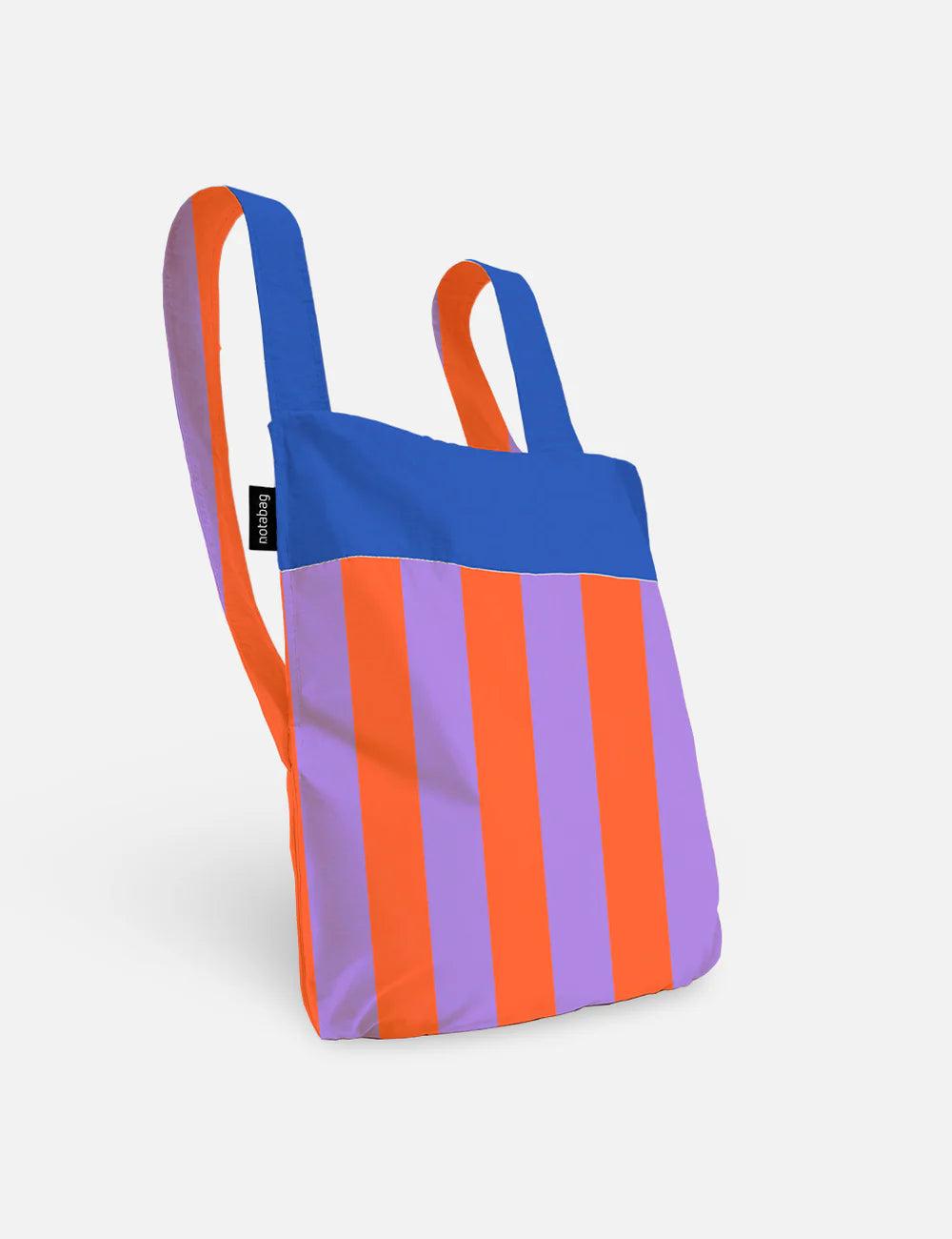 Red and lilac striped Notabag with a blue top band, used as a tote bag