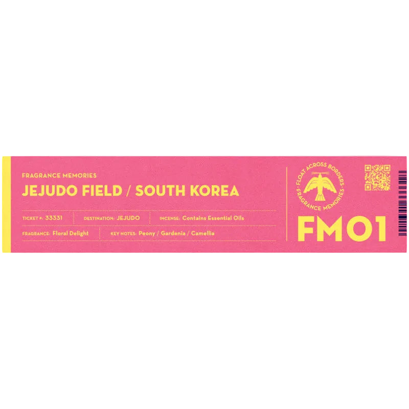 Fragrance Memories Jejudo Field / South Korea incense box label in pink, with the FM01 code