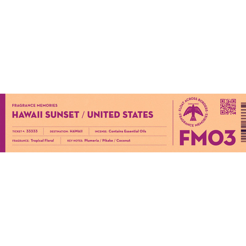Fragrance Memories Hawaii Sunset / United States incense box label, peach with the FM03 code