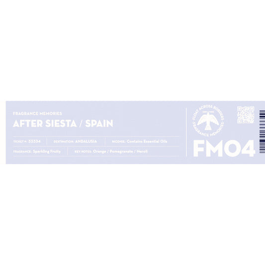 Fragrance Memories After Siesta / Spain incense box label, pale lilac with the FM04 code