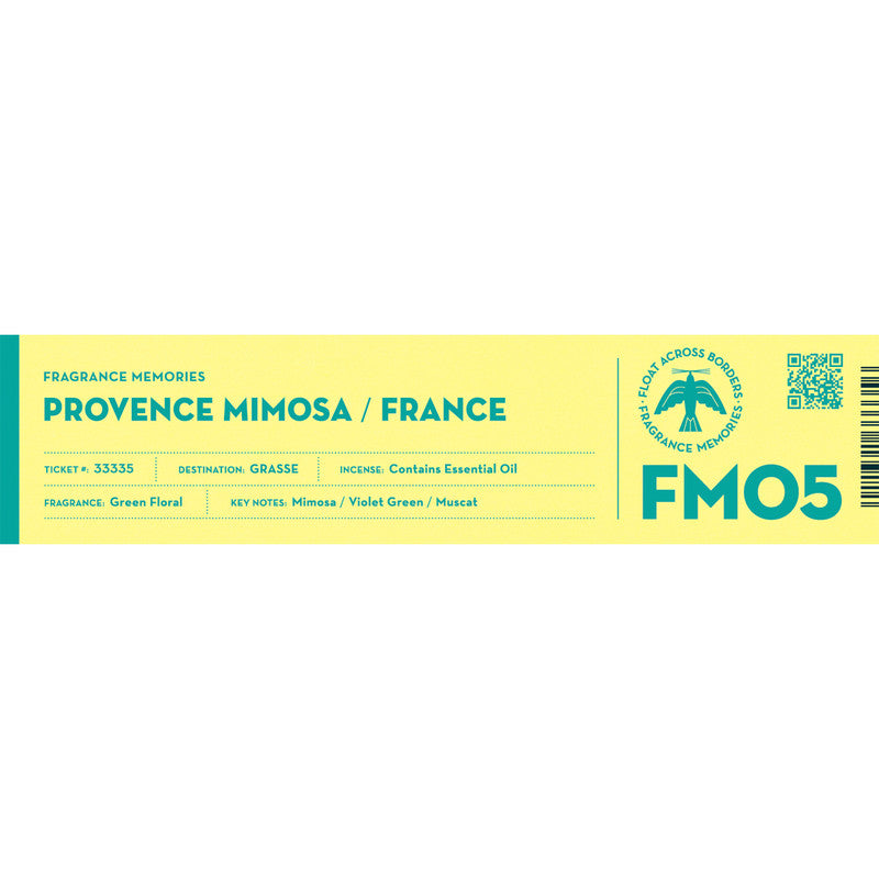 Fragrance Memories Provence Mimosa / France incense box label, yellow and teal with the FM05 code