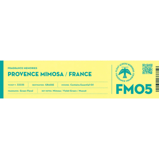 Fragrance Memories Provence Mimosa / France incense box label, yellow and teal with the FM05 code