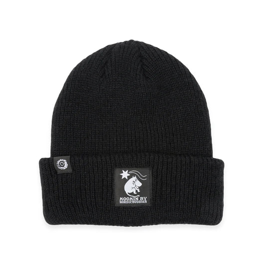 Black ribbed beanie with a Moomintroll winter patch