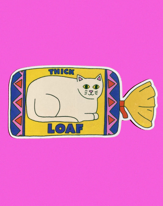 Naomi Wilkinson sticker: a cat curled up in a bread loaf packet labelled 'Thick loaf'
