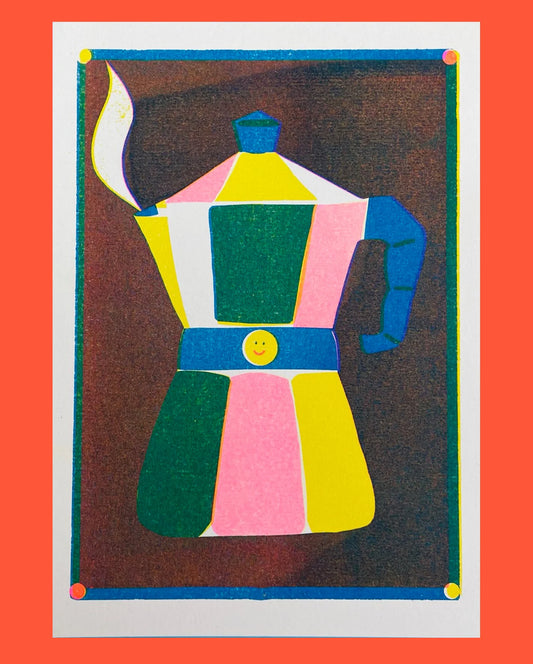 Naomi Wilkinson A5 mini print: a colourful stovetop coffee pot with a smiley face