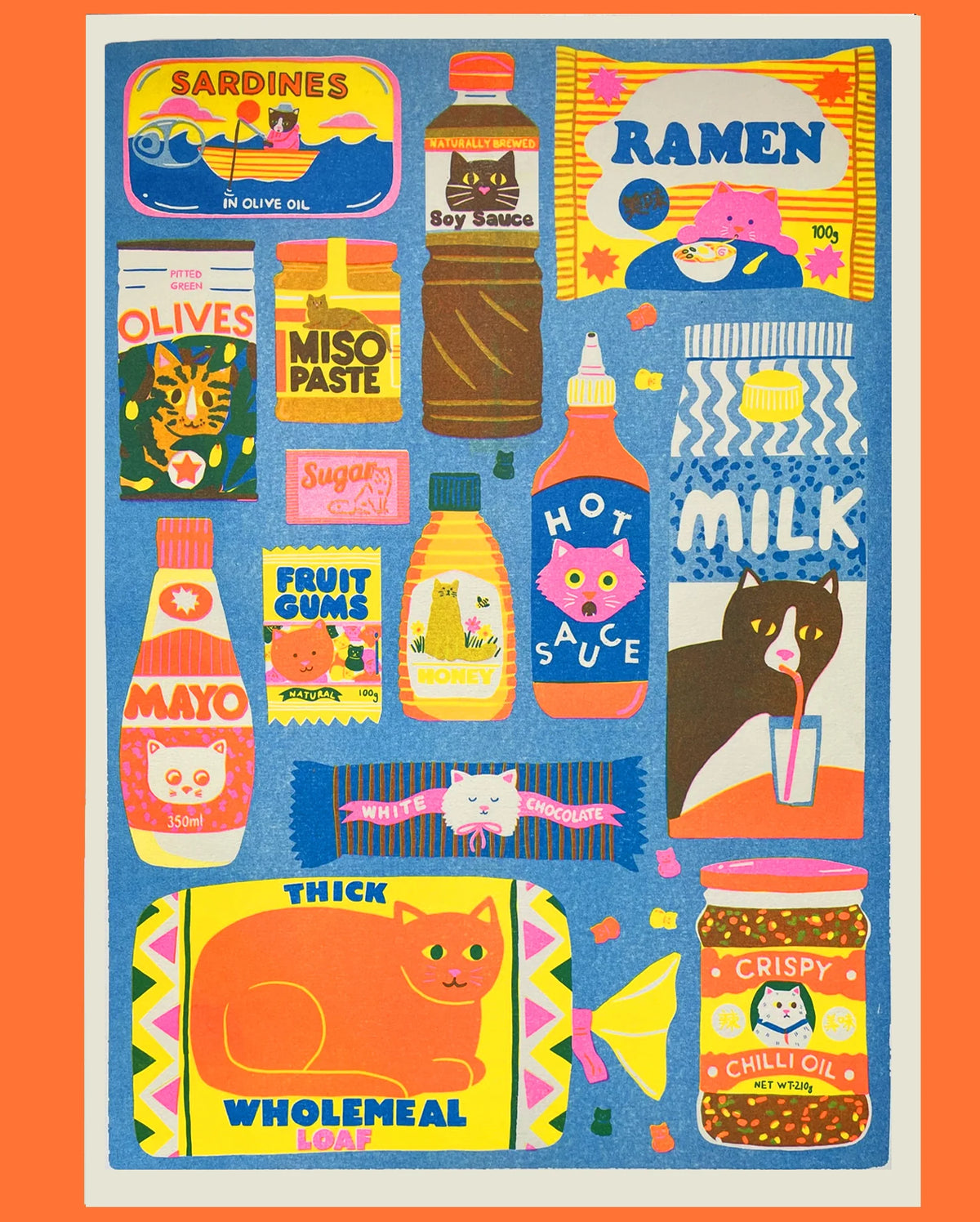 Naomi Wilkinson A3 print: a cat-themed pantry of sardines, miso, soy sauce, milk and more