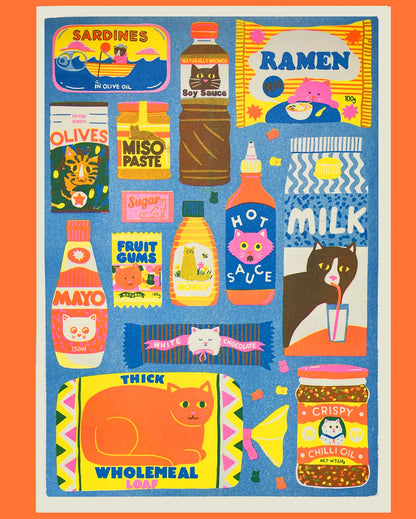 Naomi Wilkinson A3 print: a cat-themed pantry of sardines, miso, soy sauce, milk and more