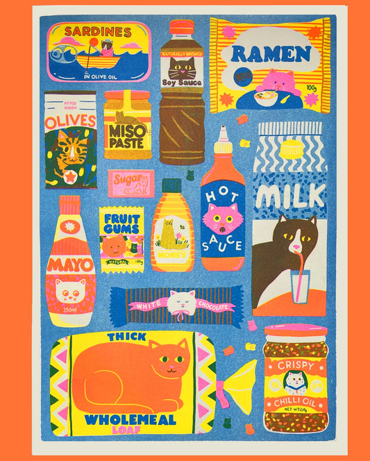 Naomi Wilkinson A3 print: a cat-themed pantry of sardines, miso, soy sauce, milk and more