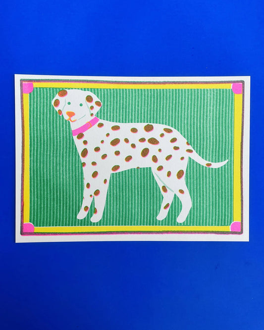 Naomi Wilkinson A5 mini print: a dalmatian with a pink collar on green
