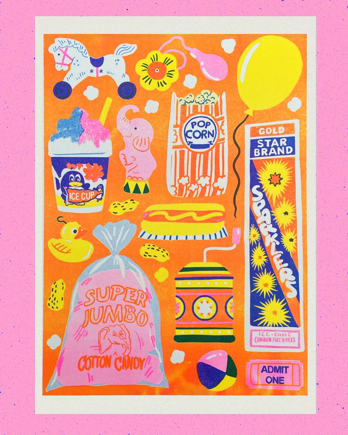 Naomi Wilkinson A4 riso print: funfair treats like popcorn, candyfloss, hot dogs and sparklers on orange
