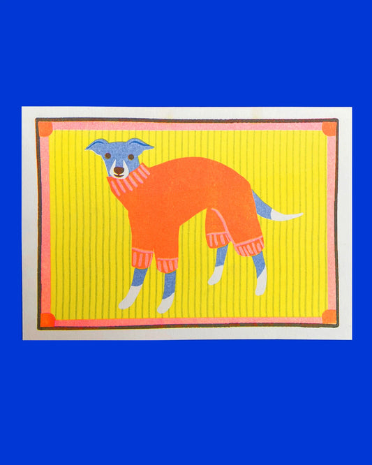Naomi Wilkinson A5 mini print: an Italian greyhound in an orange jumper on yellow stripes