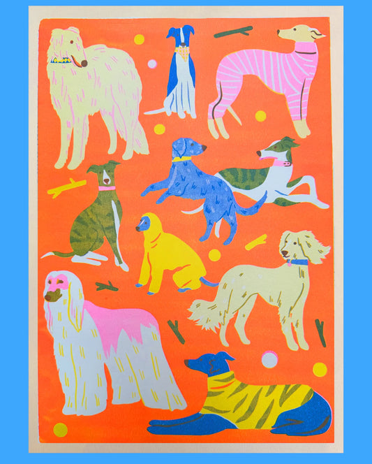 Naomi Wilkinson A3 print: lots of sighthounds, including borzois, whippets and Afghan hounds, on orange