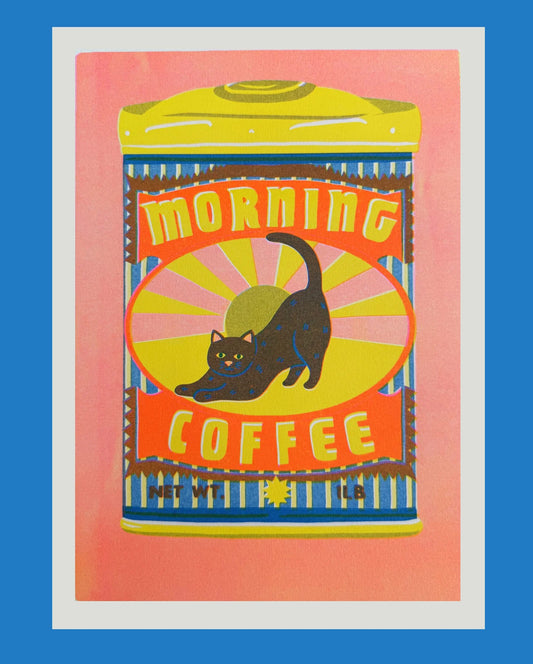 Naomi Wilkinson A4 print: a coffee tin with a stretching black cat and 'Morning coffee'