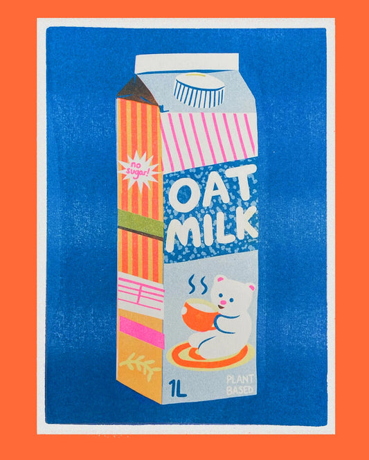 Naomi Wilkinson A4 print: an oat milk carton with a bear on the label, on blue and orange