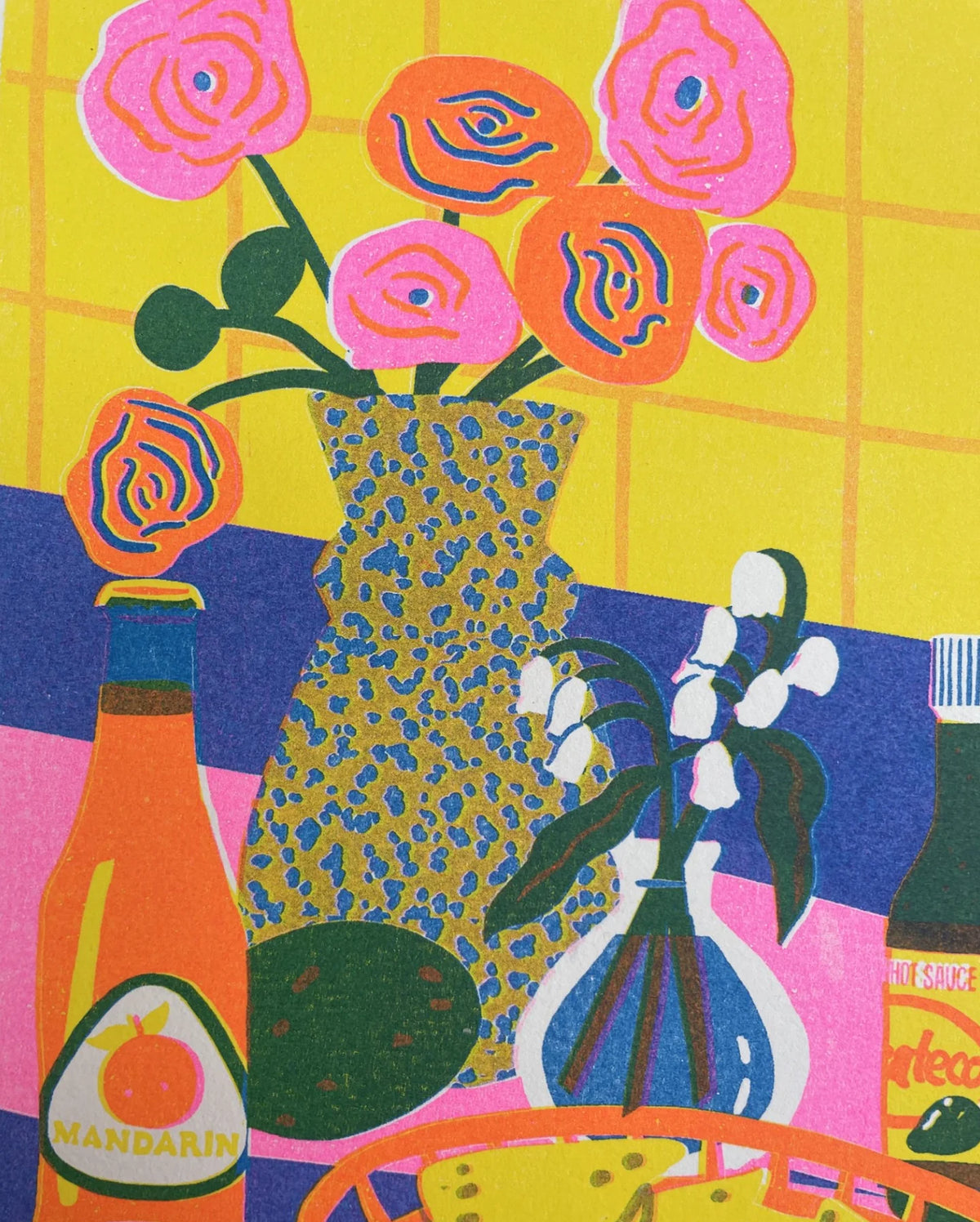 Close-up of the flowers and bottle in the still life print