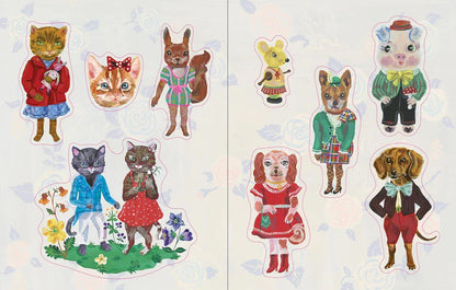 Sticker pages of dressed-up cats, foxes and dogs
