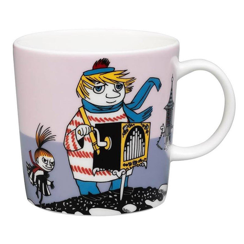 Moomin Too-ticky mug: Too-ticky in a striped jumper playing a barrel organ, with Little My