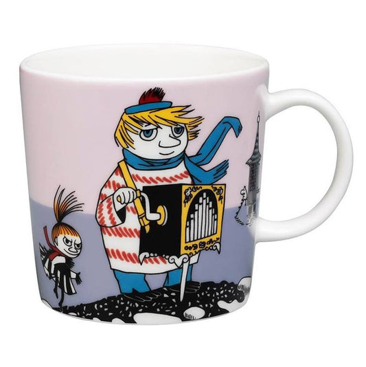 Moomin Too-ticky mug: Too-ticky in a striped jumper playing a barrel organ, with Little My