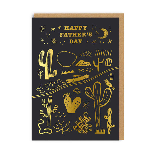Ohh Deer card: gold desert cacti, a car and a moon on black, with 'Happy Father's Day'