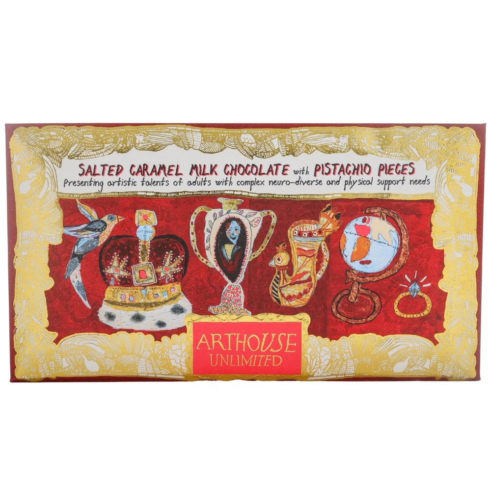 Arthouse Unlimited salted caramel milk chocolate with pistachio pieces, in red packaging illustrated with birds and trophies