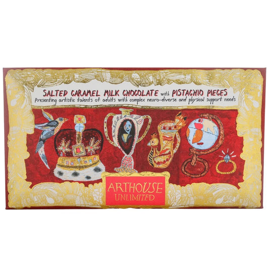 Arthouse Unlimited salted caramel milk chocolate with pistachio pieces, in red packaging illustrated with birds and trophies