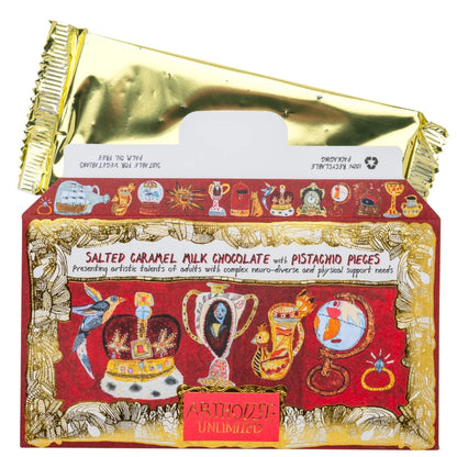 Arthouse salted caramel chocolate with its gold-wrapped bar pulled out