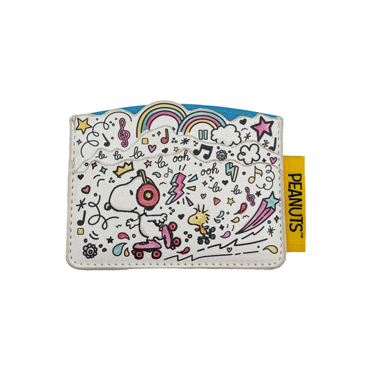 White Peanuts card holder covered in colourful doodles: Snoopy in headphones on roller skates with Woodstock, rainbows, stars and music notes