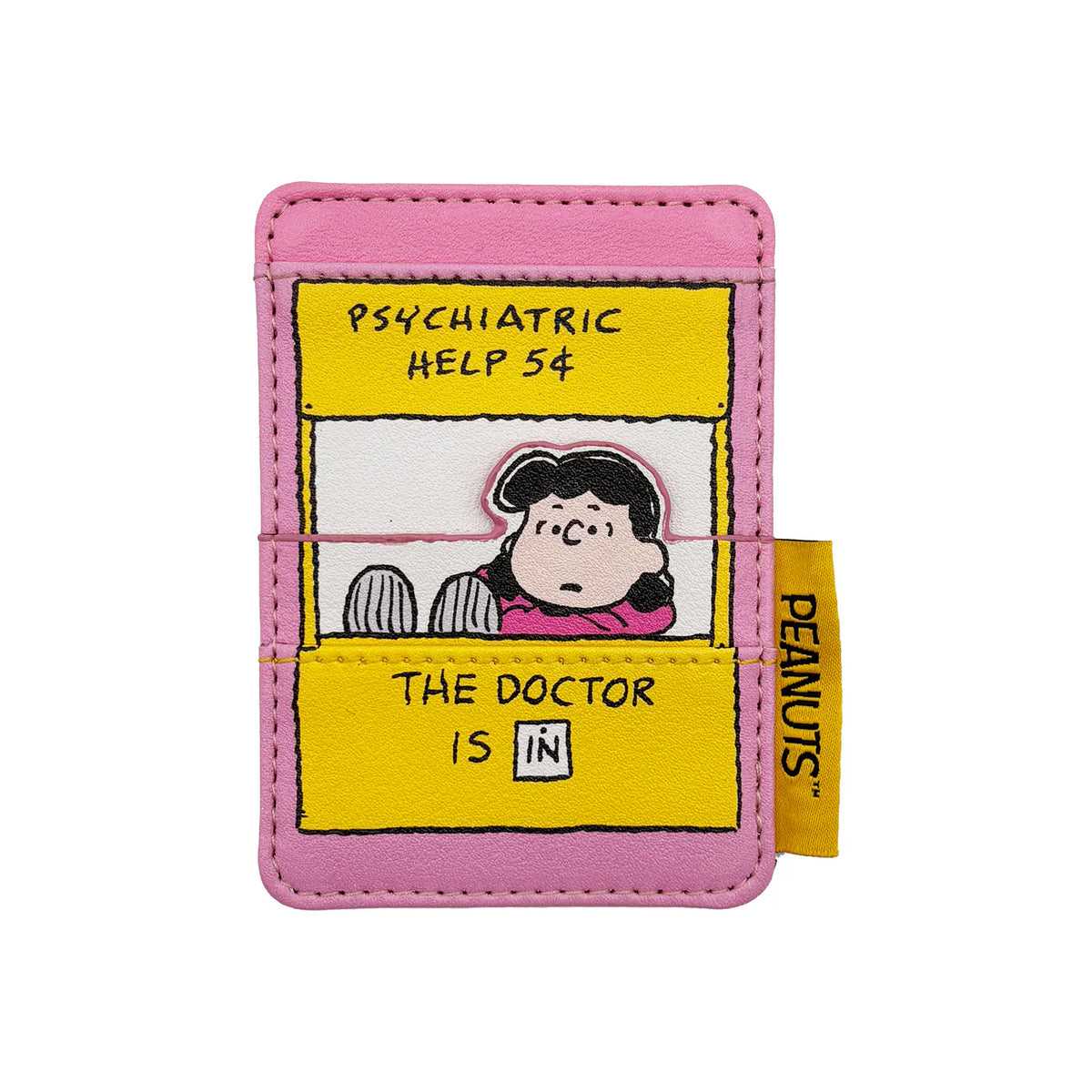 Pink and yellow Peanuts card holder showing Lucy in her 'Psychiatric Help 5¢ – The Doctor is In' booth