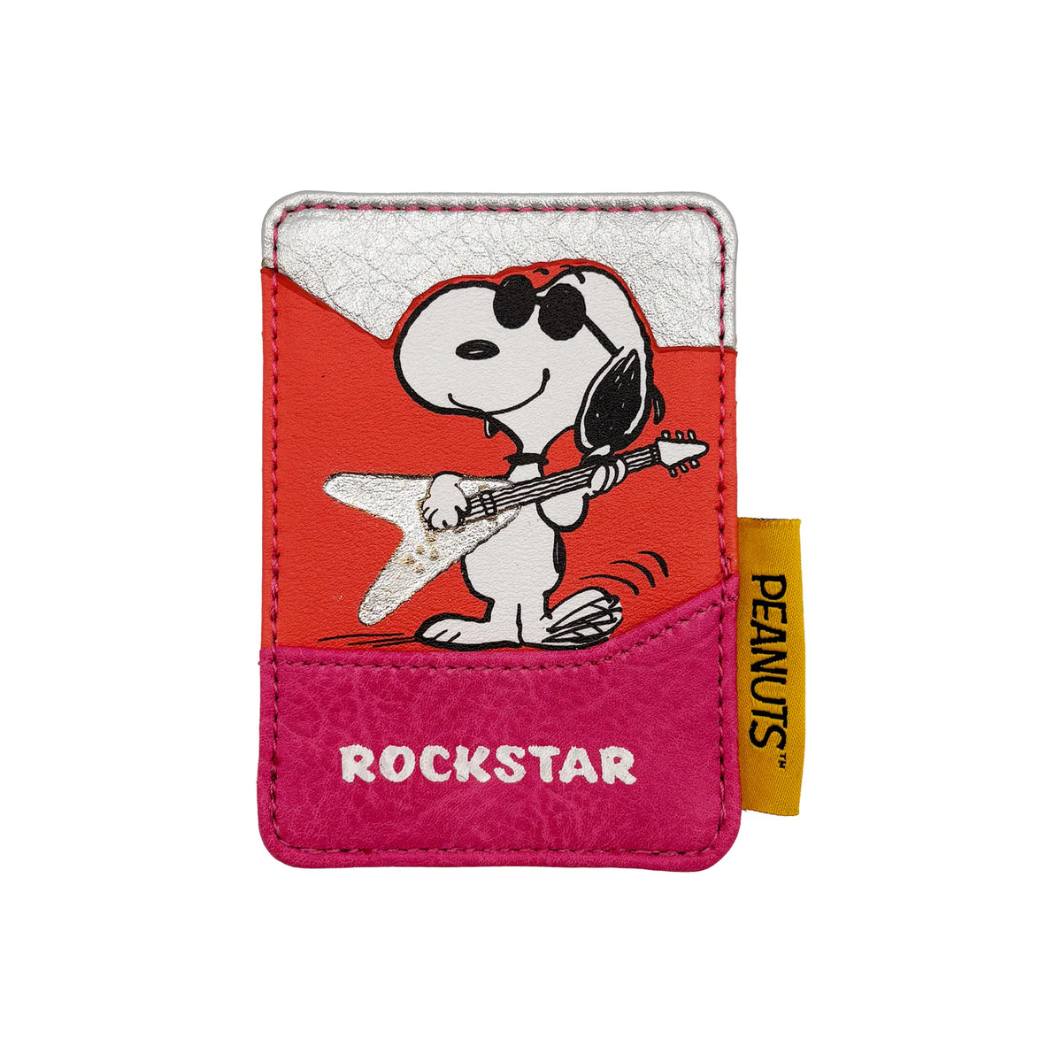 Peanuts Rockstar card holder: Snoopy in sunglasses playing a guitar, in red and pink