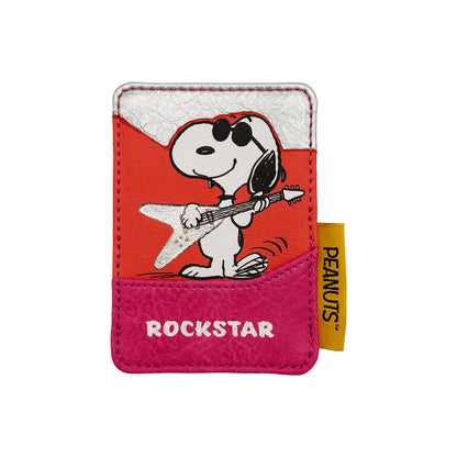 Peanuts Rockstar card holder: Snoopy in sunglasses playing a guitar, in red and pink