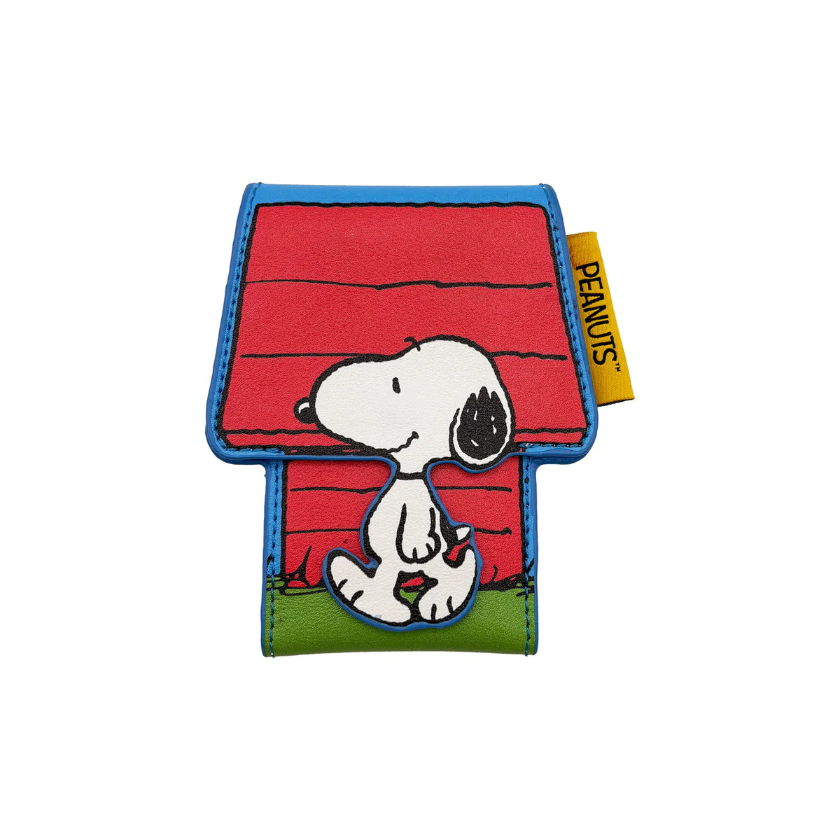 Peanuts card holder shaped like Snoopy's red doghouse, with Snoopy sitting in front