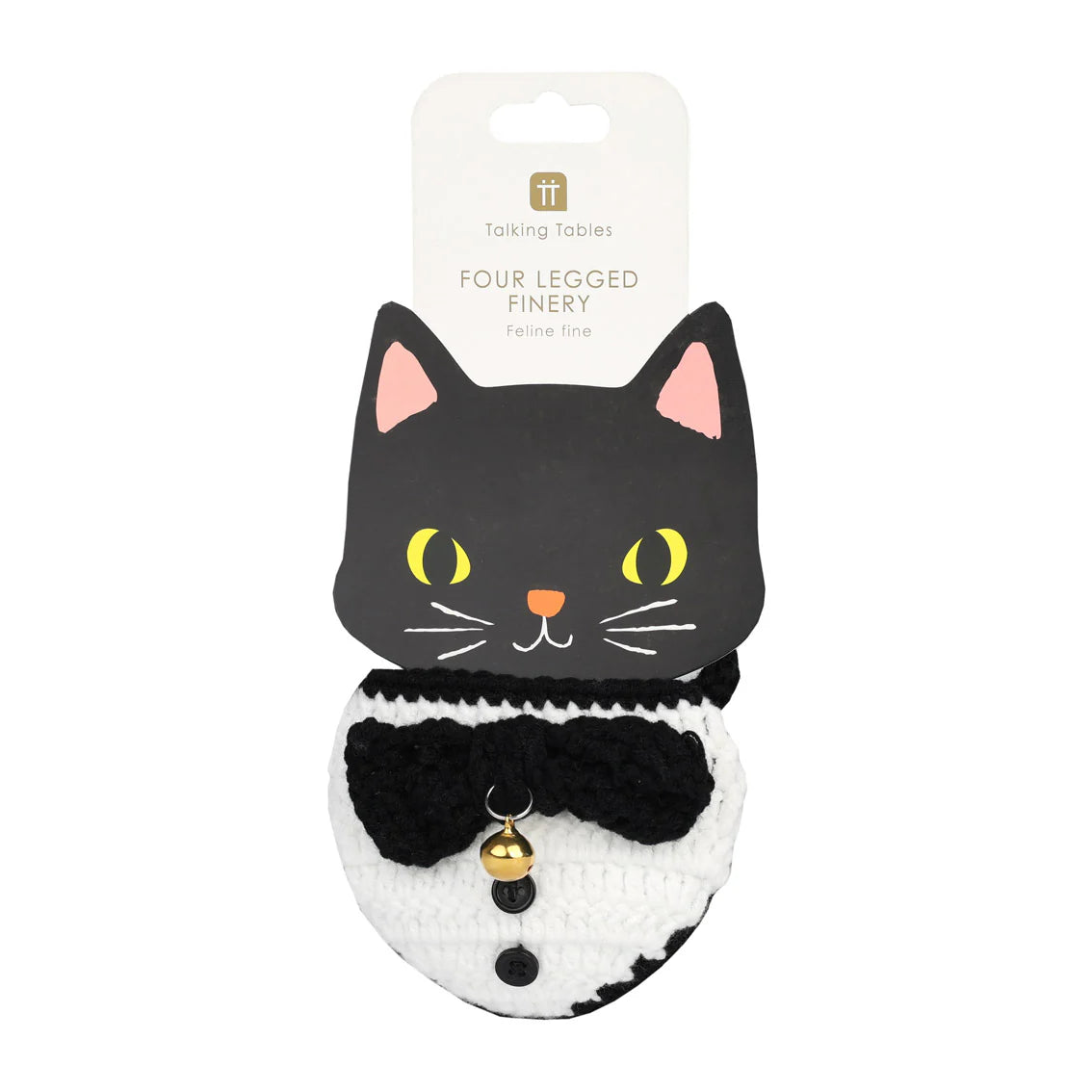 Talking Tables crochet tuxedo collar for a pet, on a black cat card